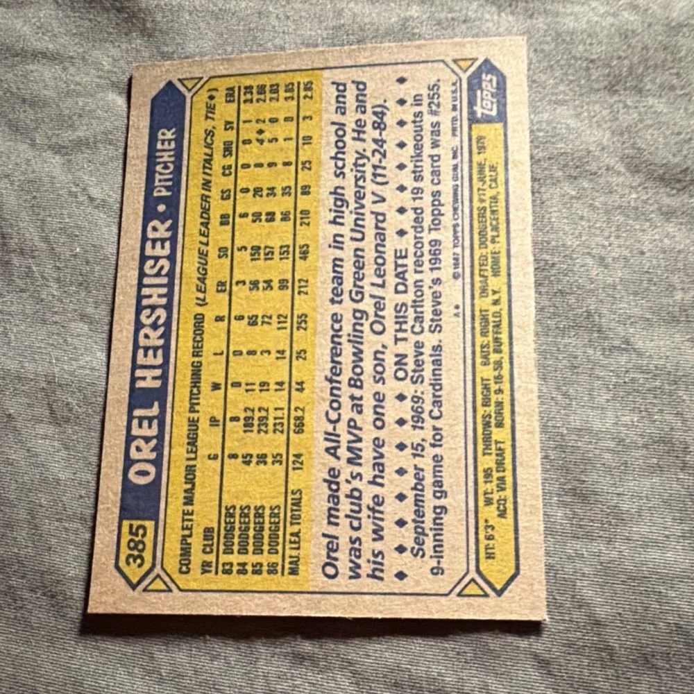 Topps 1987 Orel Hershiser #385 Los Angeles Dodgers Baseball Card MLB